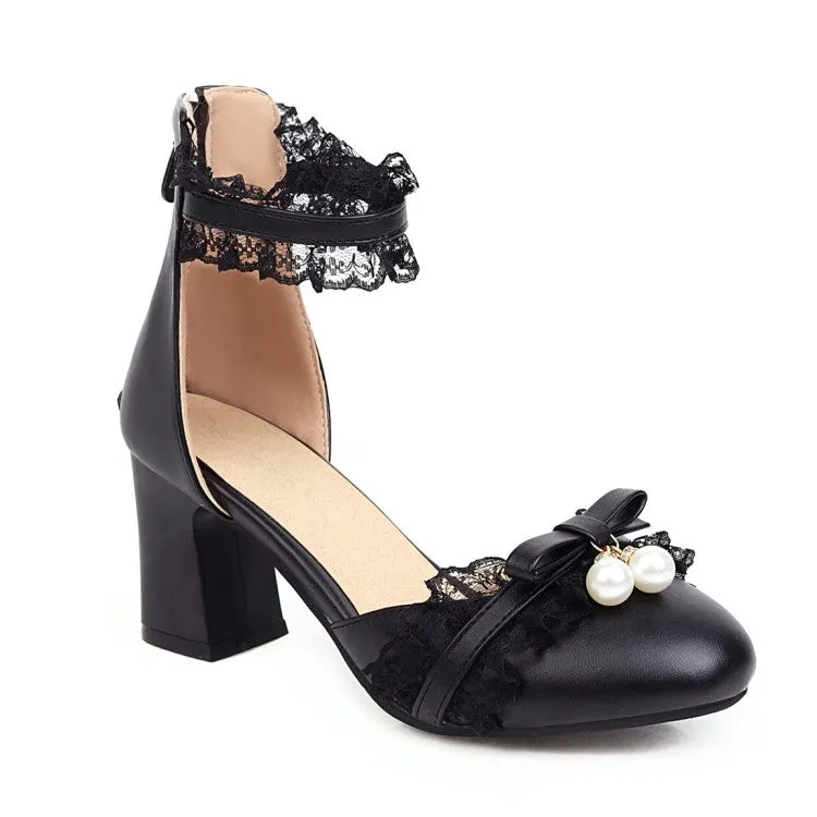 Spongebob Sandals Women's Lace Butterfly Knot Pearls Ankle Strap Chunky Heel Block Heel Sandals