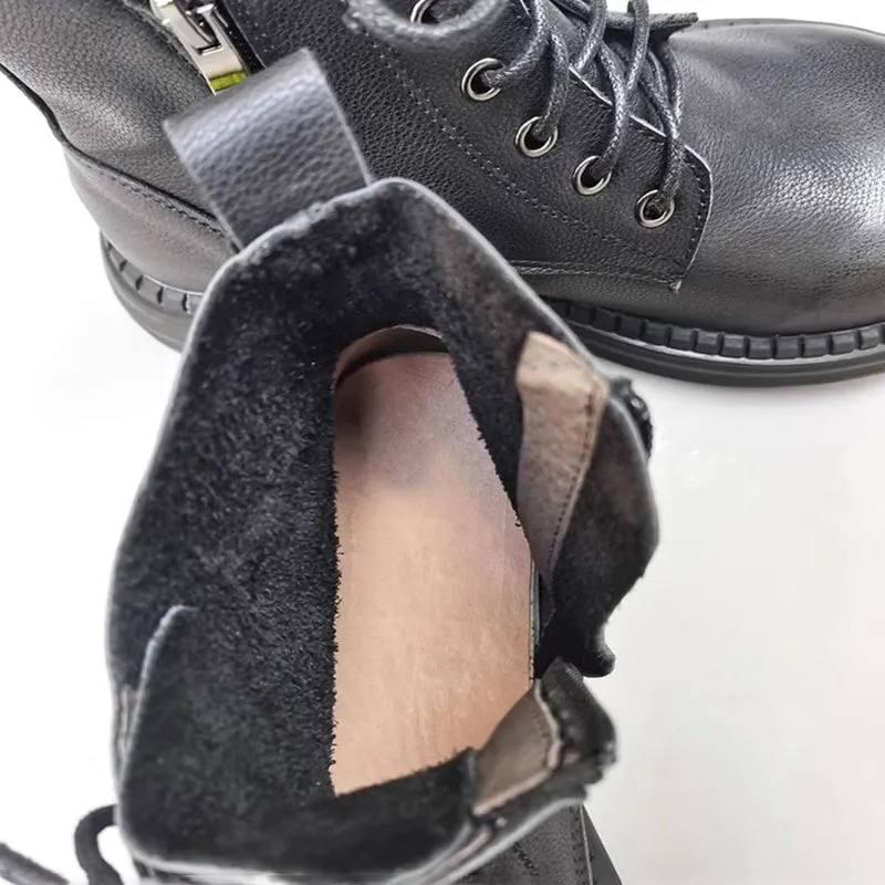 Women's Leather Big Toe Lace up Ankle Boot Side Zip Martin Boots Fleece Lined in Black/Brown Sub Fusc Oxford