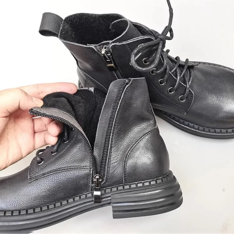 Women's Leather Big Toe Lace up Ankle Boot Side Zip Martin Boots Fleece Lined in Black/Brown Suede Wingtip Oxfords