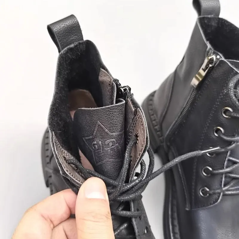 Women's Leather Big Toe Lace up Ankle Boot Side Zip Martin Boots Fleece Lined in Black/Brown Lower East Side Oxfords