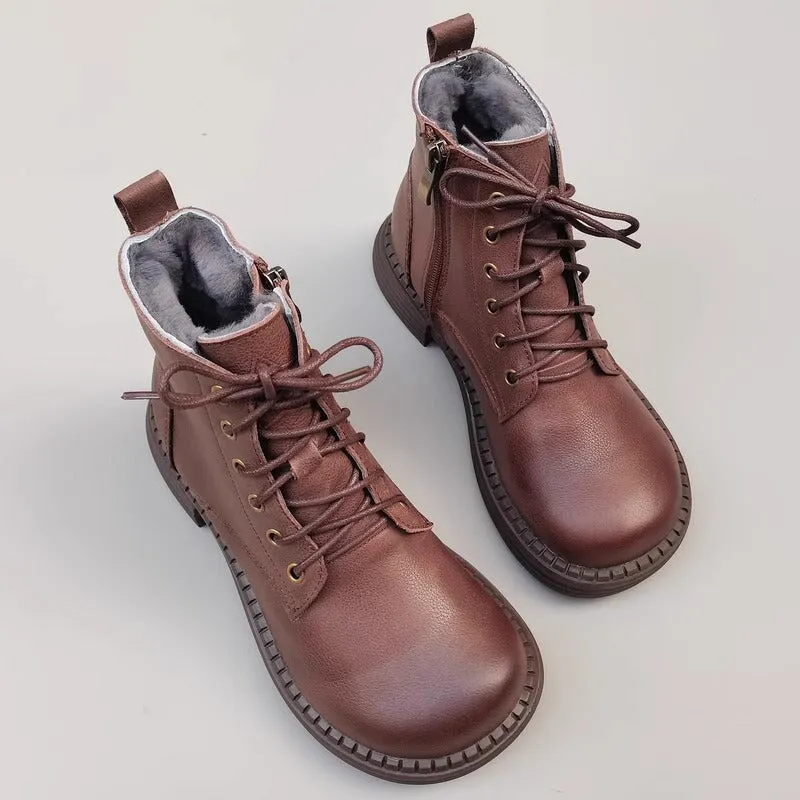 Oxfords Wide Width Women's Leather Big Toe Lace up Ankle Boot Side Zip Martin Boots Fleece Lined in Black/Brown