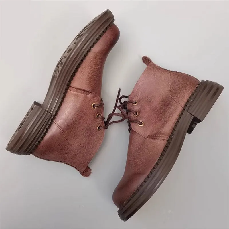 Women's Leather Big Toe Lace up Ankle Boots Derby Boots Have Fleece Lined in Black/Brown Nude Platform Oxfords