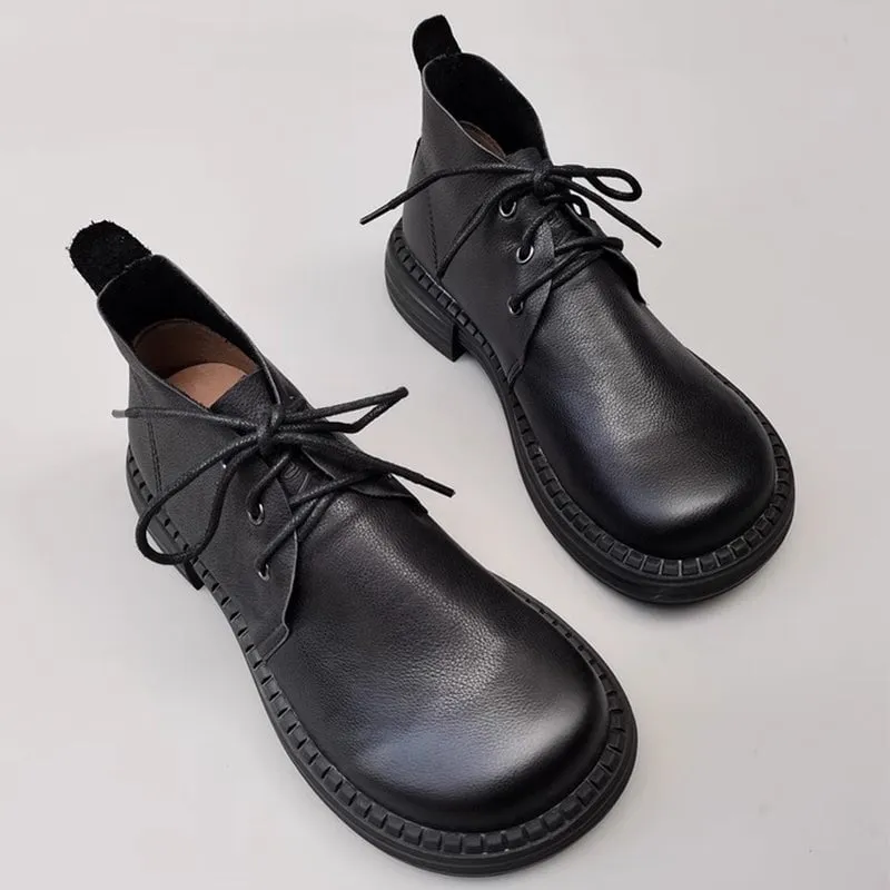 Canvas Oxford Women's Leather Big Toe Lace up Ankle Boots Derby Boots Have Fleece Lined in Black/Brown