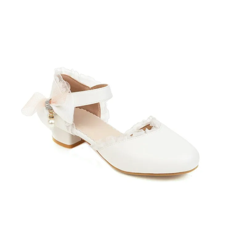 T Strap Flat Sandals Women's Lolita Lace Round Toe Pearls Ankle Strap Block Heel Low Heels Sandals