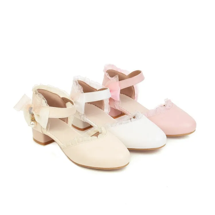 Women's Lolita Lace Round Toe Pearls Ankle Strap Block Heel Low Heels Sandals Jc Penneys Sandals