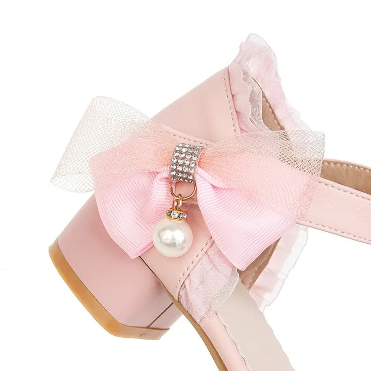 Women's Lolita Lace Round Toe Pearls Ankle Strap Block Heel Low Heels Sandals Cynthia Rowley Sandals