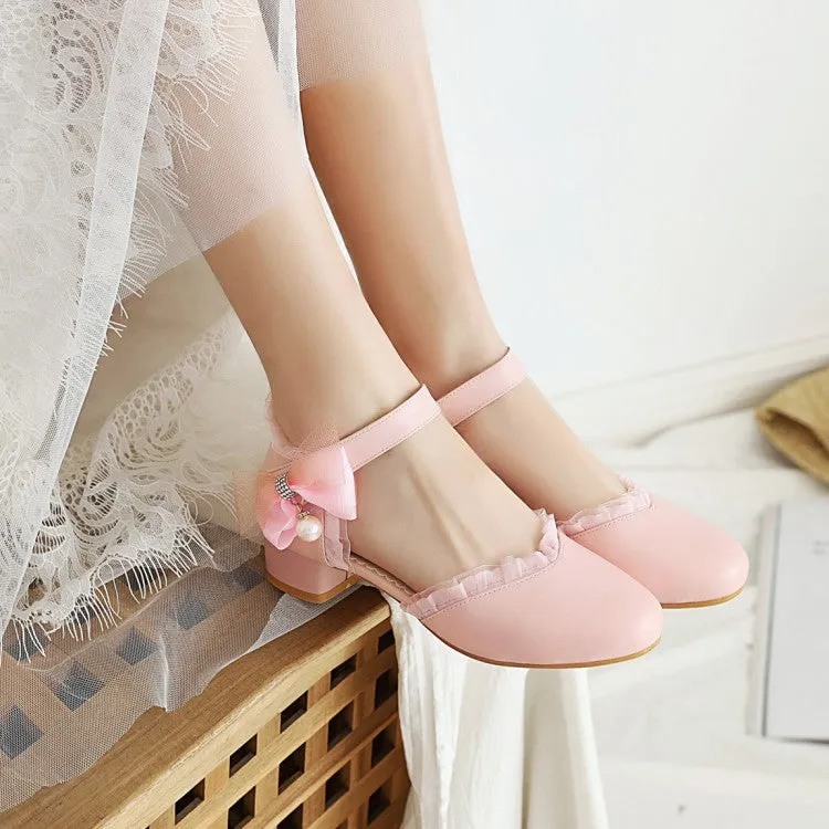 Women's Lolita Lace Round Toe Pearls Ankle Strap Block Heel Low Heels Sandals Bamboo Sandals