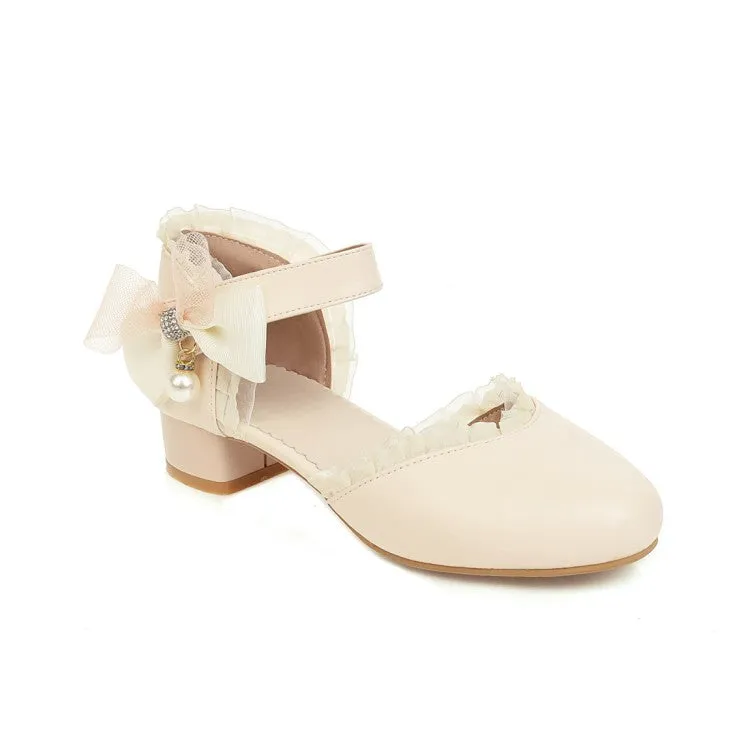 Comfortable Sandals Women's Lolita Lace Round Toe Pearls Ankle Strap Block Heel Low Heels Sandals