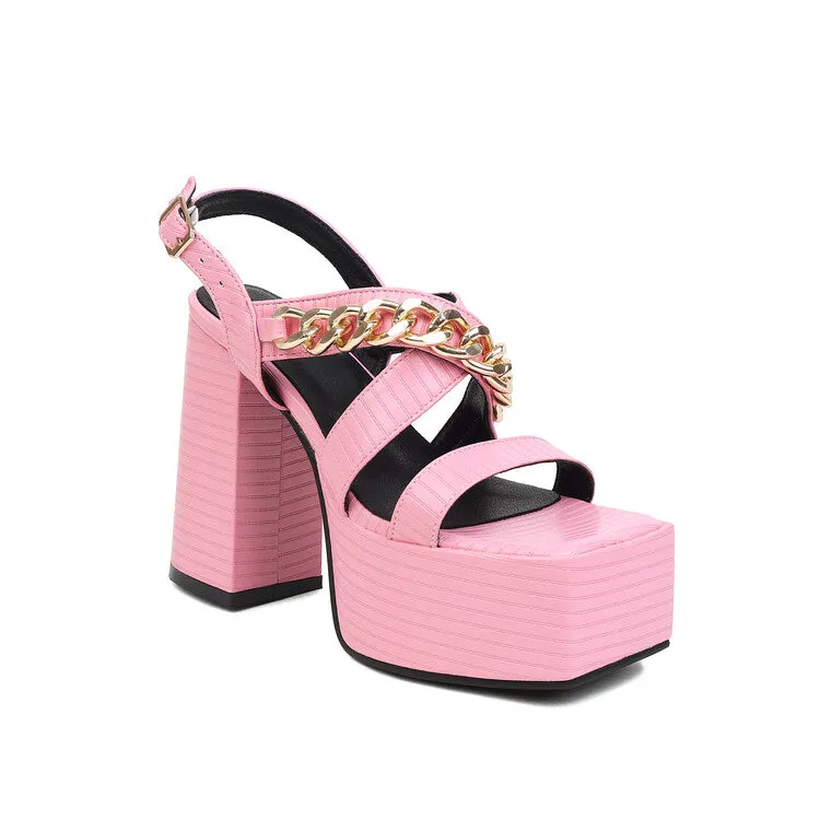 Lace Up Wedge Heel Sandals Women's Metal Chains Thick Sole Chunky Heel Platform Sandals