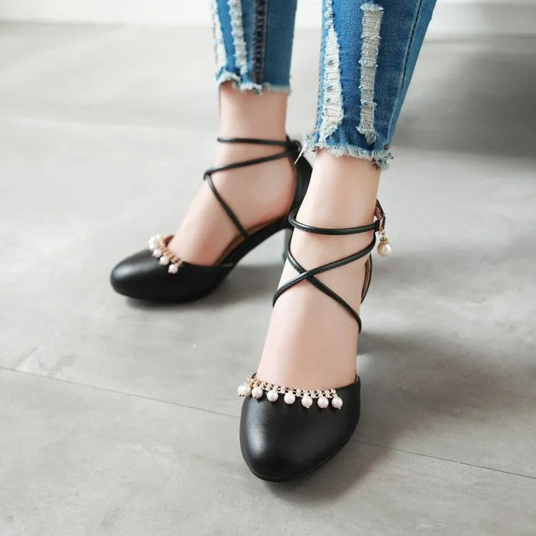 Orson Bloom Sandals Women's Pearls Ankle Wrap High Heels Block Heel Sandals