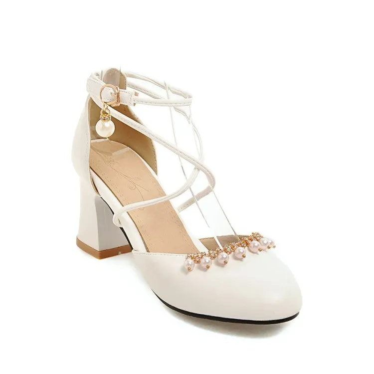 Women's Pearls Ankle Wrap High Heels Block Heel Sandals Sandals To Wear With Dresses