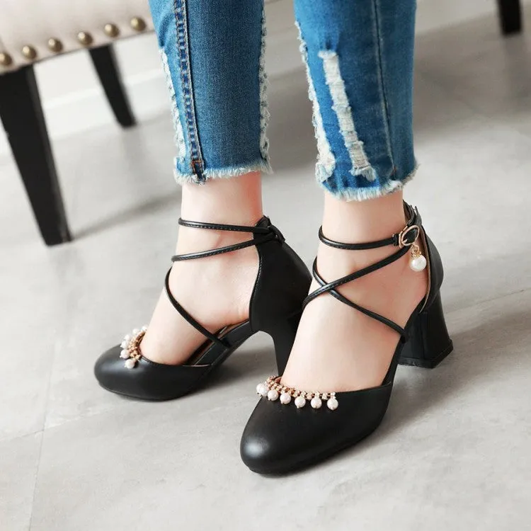 Women's Pearls Ankle Wrap High Heels Block Heel Sandals Best Running Sandals