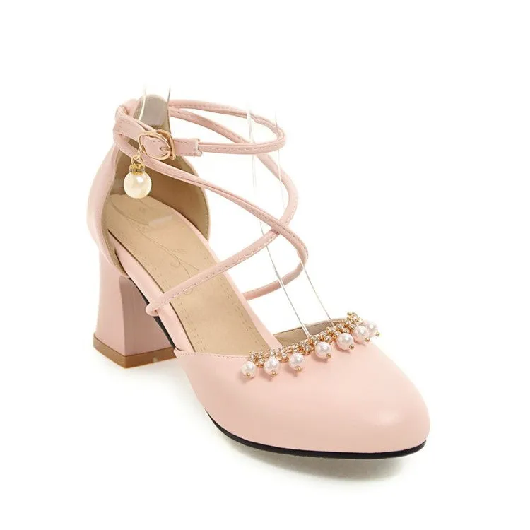 Foldable Sandals Women's Pearls Ankle Wrap High Heels Block Heel Sandals