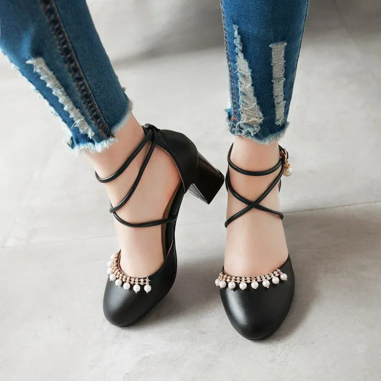 Home Sandals Women's Pearls Ankle Wrap High Heels Block Heel Sandals