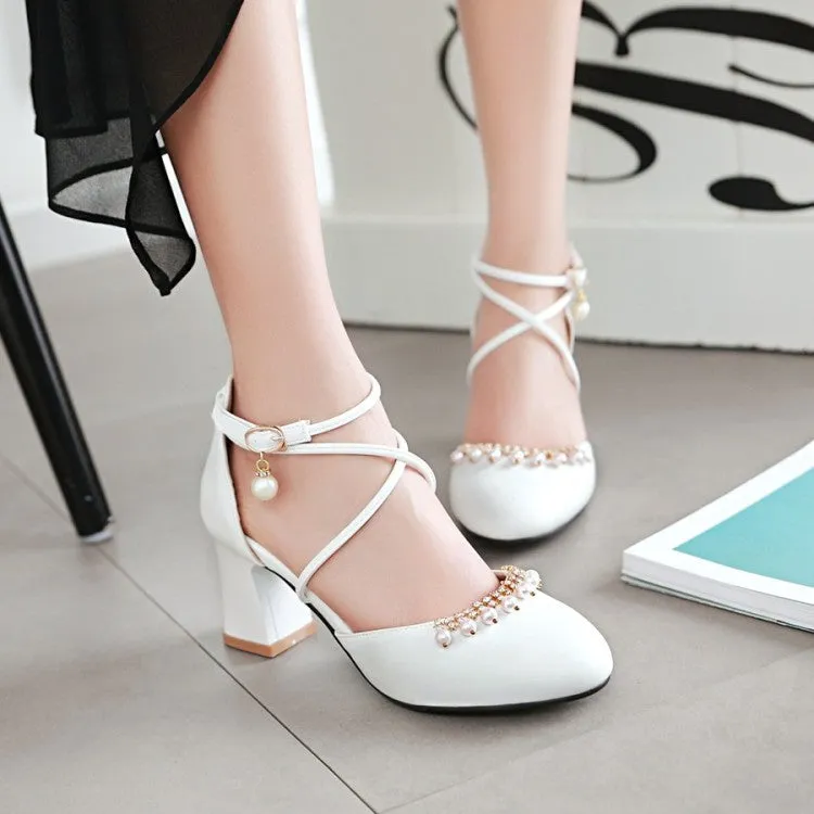 Socks With Sandals Meme Women's Pearls Ankle Wrap High Heels Block Heel Sandals