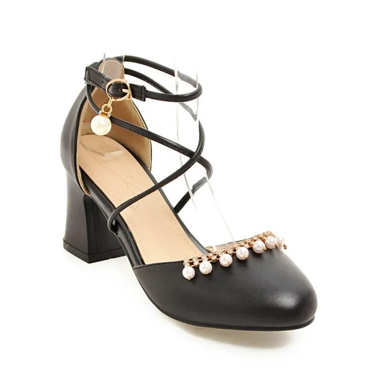 Sandals With Small Heel Women's Pearls Ankle Wrap High Heels Block Heel Sandals
