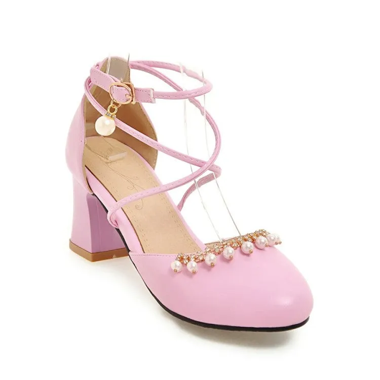 Bunions And Sandals Women's Pearls Ankle Wrap High Heels Block Heel Sandals