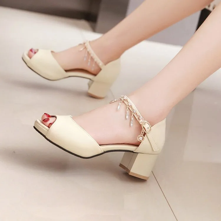 Tabi Leather Sandals Women's Peep Toe Ankle Strap Chains Rhinestone Block Heel Sandals