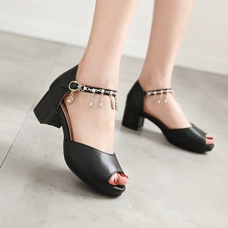 Women's Peep Toe Ankle Strap Chains Rhinestone Block Heel Sandals Really Comfortable Sandals