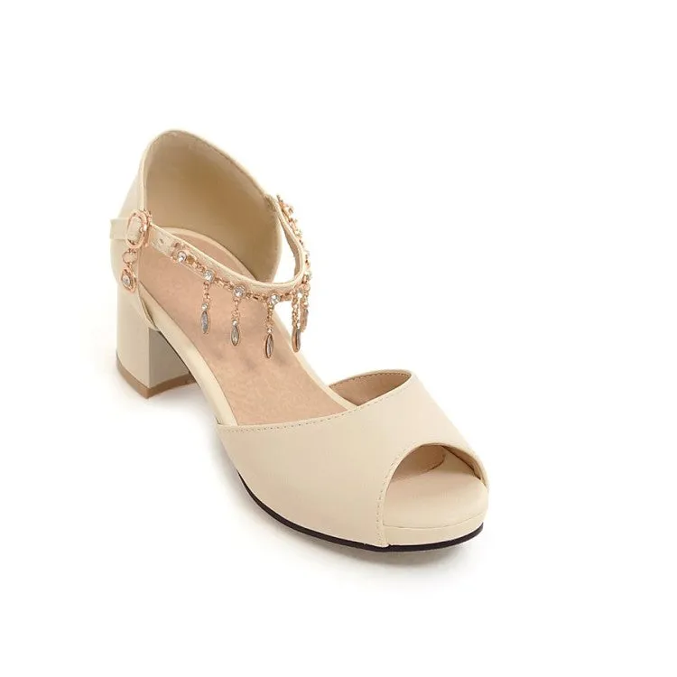 Women's Peep Toe Ankle Strap Chains Rhinestone Block Heel Sandals Summer Heeled Sandals