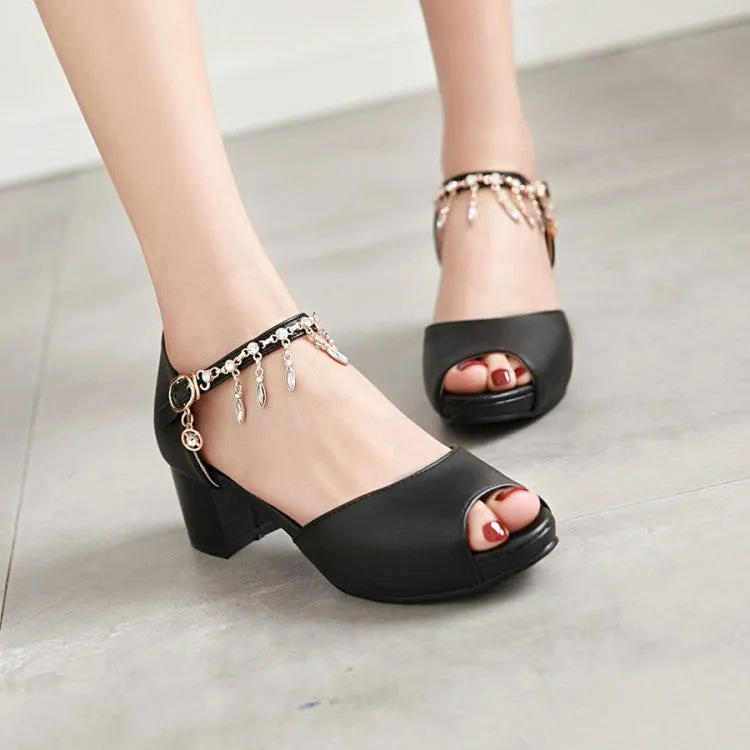 Sandals Discontinued Women's Peep Toe Ankle Strap Chains Rhinestone Block Heel Sandals