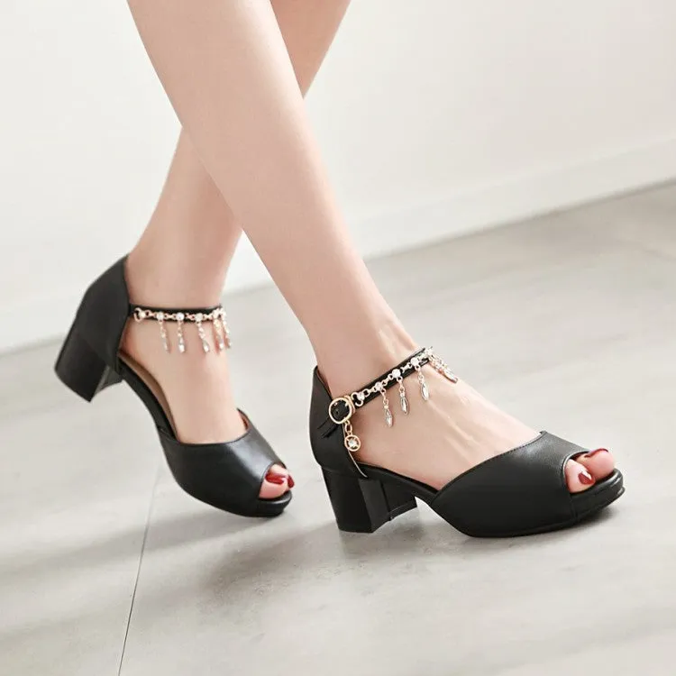 Women's Peep Toe Ankle Strap Chains Rhinestone Block Heel Sandals Wooden Sandals Japan