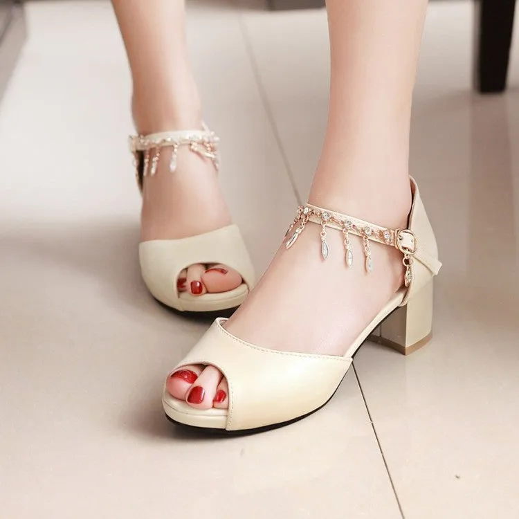 Birkenstock Sandals One Strap Women's Peep Toe Ankle Strap Chains Rhinestone Block Heel Sandals