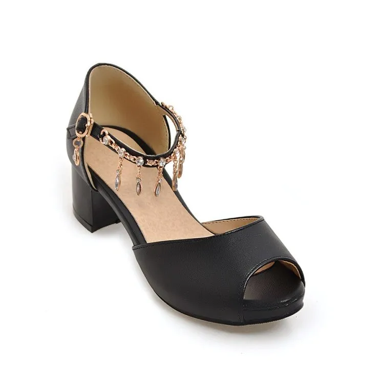 Spenco Sandals Women's Peep Toe Ankle Strap Chains Rhinestone Block Heel Sandals