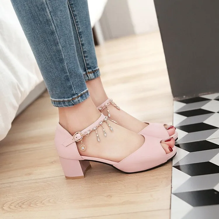 Women's Peep Toe Ankle Strap Chains Rhinestone Block Heel Sandals Overpronation Sandals