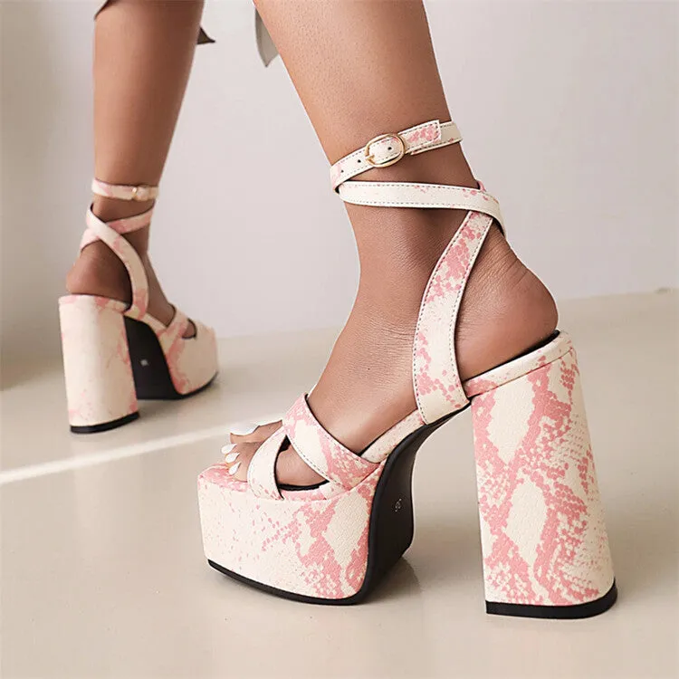 In Ocho Rios Jamaica Women's Printed Ankle Strap Square Toe Thick Sole Block Heel Platform Sandals