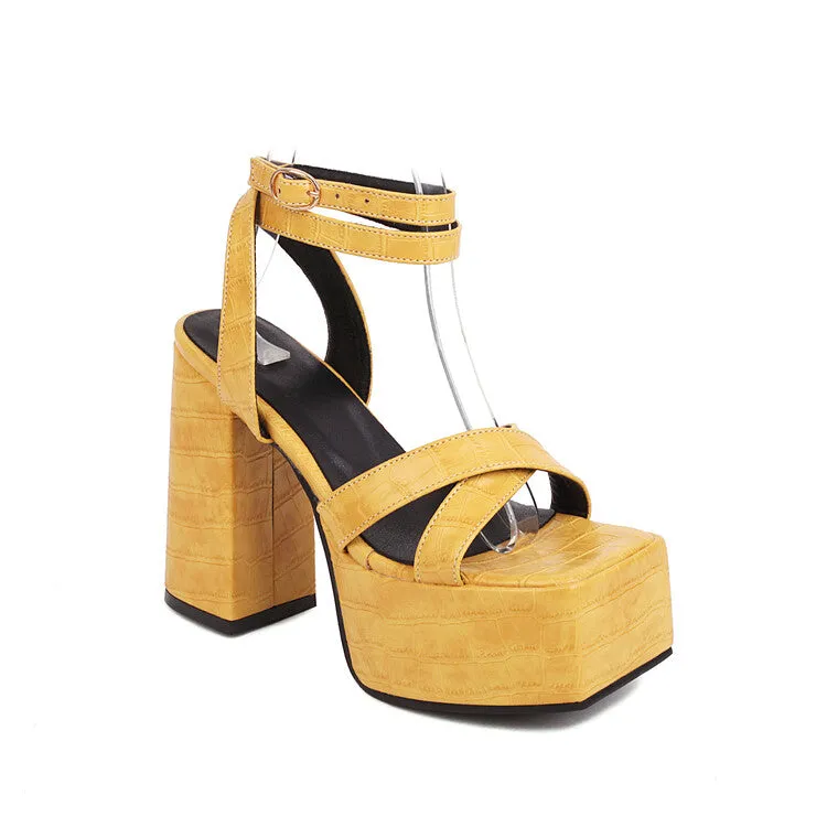 Women's Printed Ankle Strap Square Toe Thick Sole Block Heel Platform Sandals Antigua Pictures