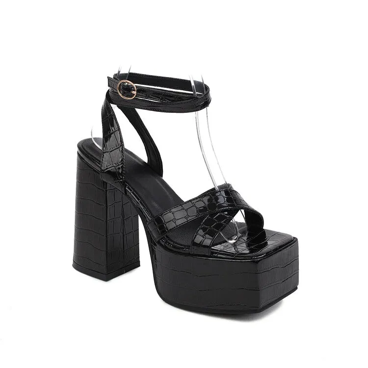 Women's Printed Ankle Strap Square Toe Thick Sole Block Heel Platform Sandals Closed Toe And Heel Sandals