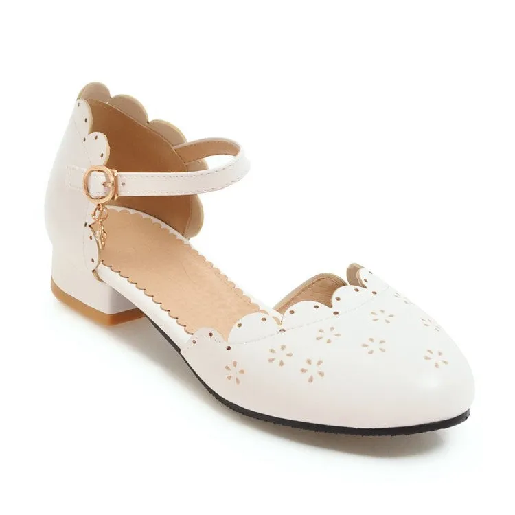 Sandals In Barbados Women's Round Toe Solid Color Ruffles Ankle Strap Block Heels Sandals