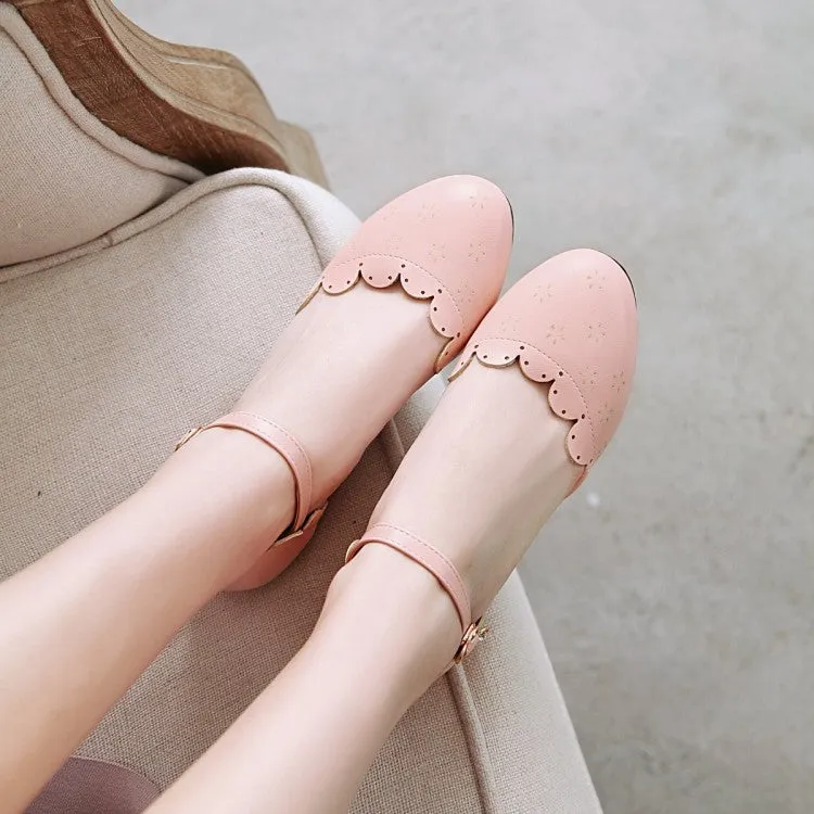 Women's Round Toe Solid Color Ruffles Ankle Strap Block Heels Sandals Strapped Sandals