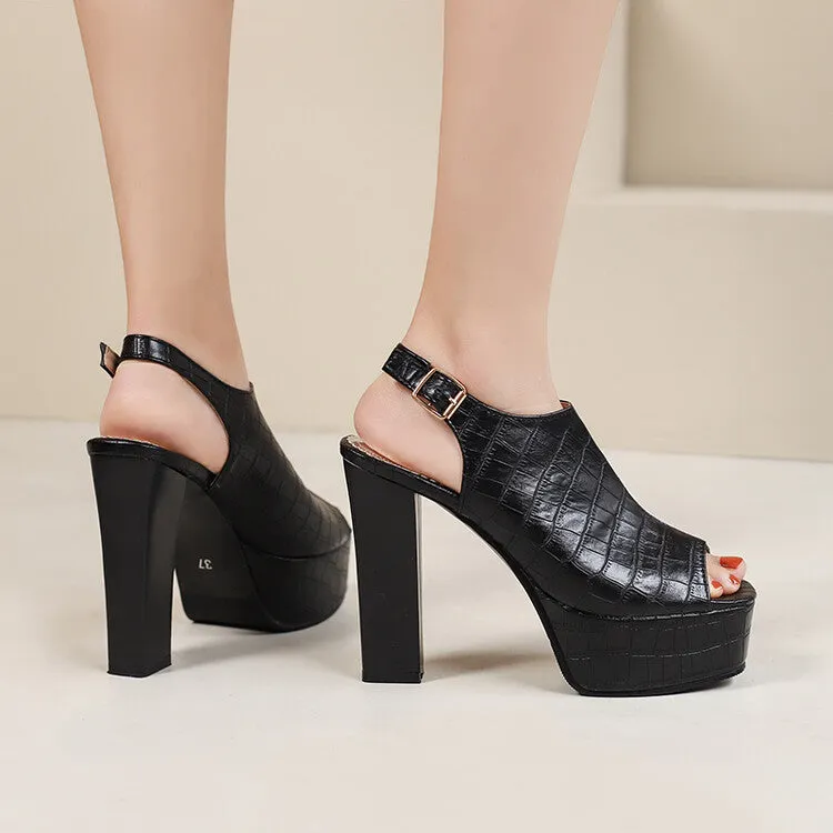 Women's Snake Print Hollow Out Ankle Strap Chunky Heel Platform Sandals Bedrock Sandals