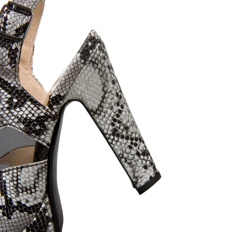 Women's Snake Print Peep Toe Hollow Out Chunky Heel Platform Sandals Cushion Air Sandals