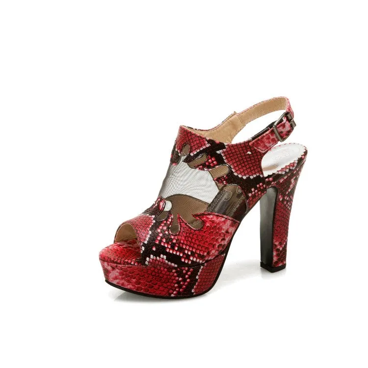 Women's Snake Print Peep Toe Hollow Out Chunky Heel Platform Sandals Wedge Espadrille Sandals