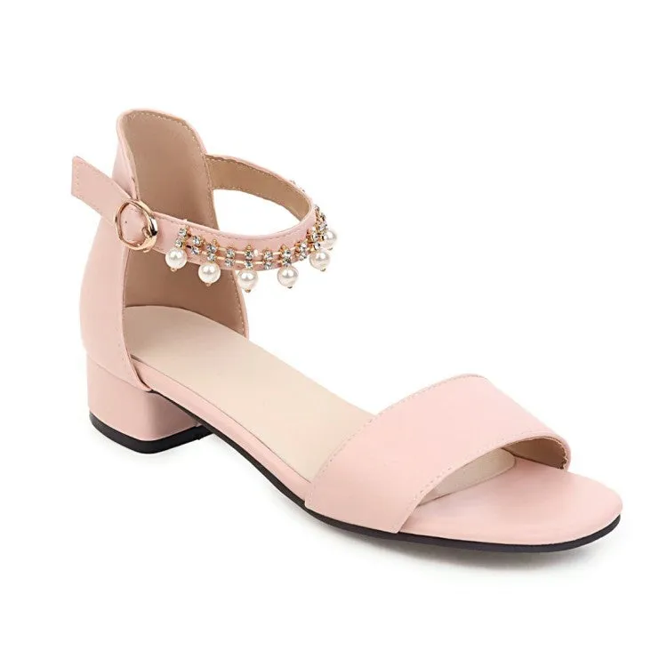 Women's Solid Color Ankle Strap Pearls Hollow Out Block Heel Low Heels Sandals Best Sandals For Wide Feet