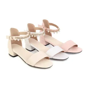 Metallic Sandals Women's Solid Color Ankle Strap Pearls Hollow Out Block Heel Low Heels Sandals