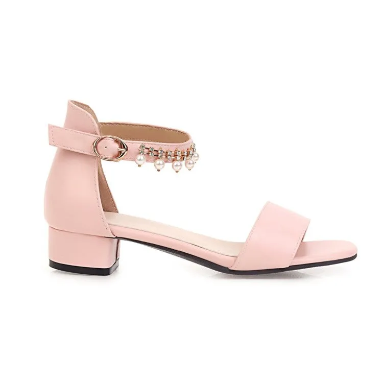 2 Inch Heels Sandals Shoes Women's Solid Color Ankle Strap Pearls Hollow Out Block Heel Low Heels Sandals