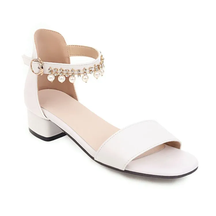 Women's Solid Color Ankle Strap Pearls Hollow Out Block Heel Low Heels Sandals Camera Platform Sandals