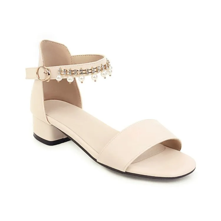Sam Edelman Sandals Flat Women's Solid Color Ankle Strap Pearls Hollow Out Block Heel Low Heels Sandals