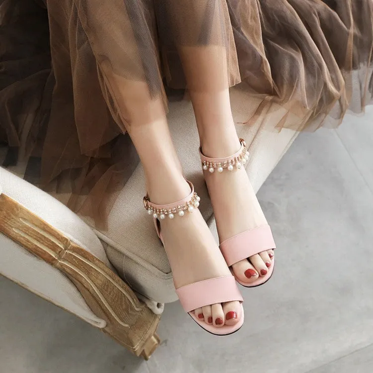 Women's Solid Color Ankle Strap Pearls Hollow Out Block Heel Low Heels Sandals Mk Sandals Wedge