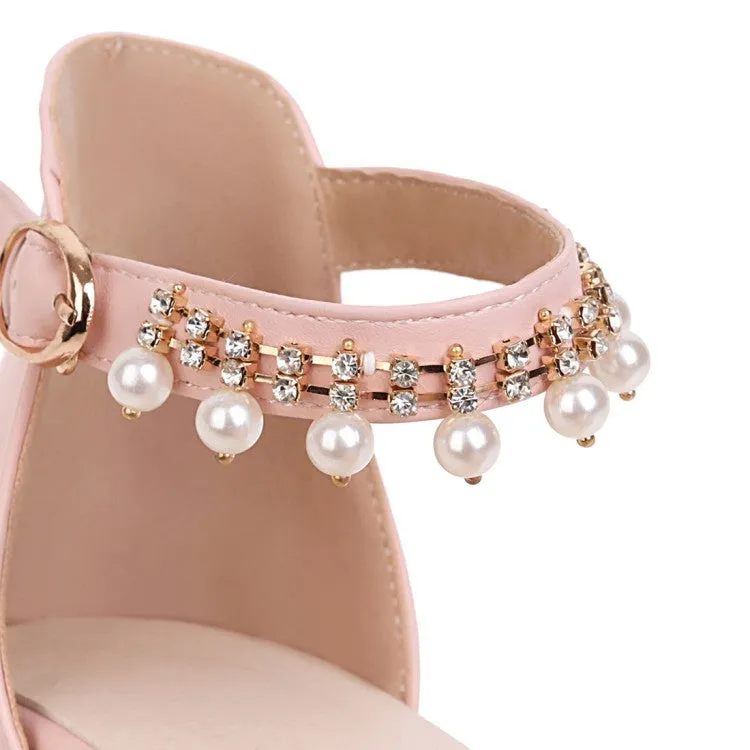 Women's Solid Color Ankle Strap Pearls Hollow Out Block Heel Low Heels Sandals Biking Sandals