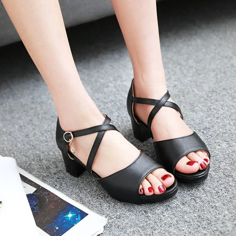 Sandals Suede Women's Solid Color Cross Ankle Strap Block Heels Sandals