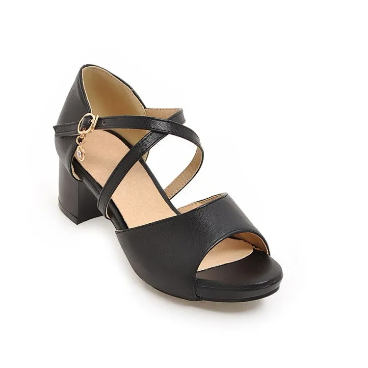 Women's Solid Color Cross Ankle Strap Block Heels Sandals Leggings And Sandals