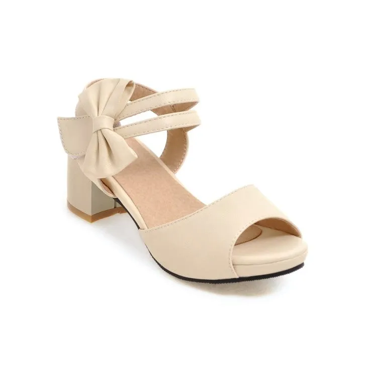 Walking Sandals Women's Solid Color Double Ankle Strap Butterfly Knot Block Heels Sandals