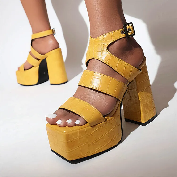 Women's Solid Color Glossy Square Toe Thick Sole Block Heel Platform Sandals Sandals Black White