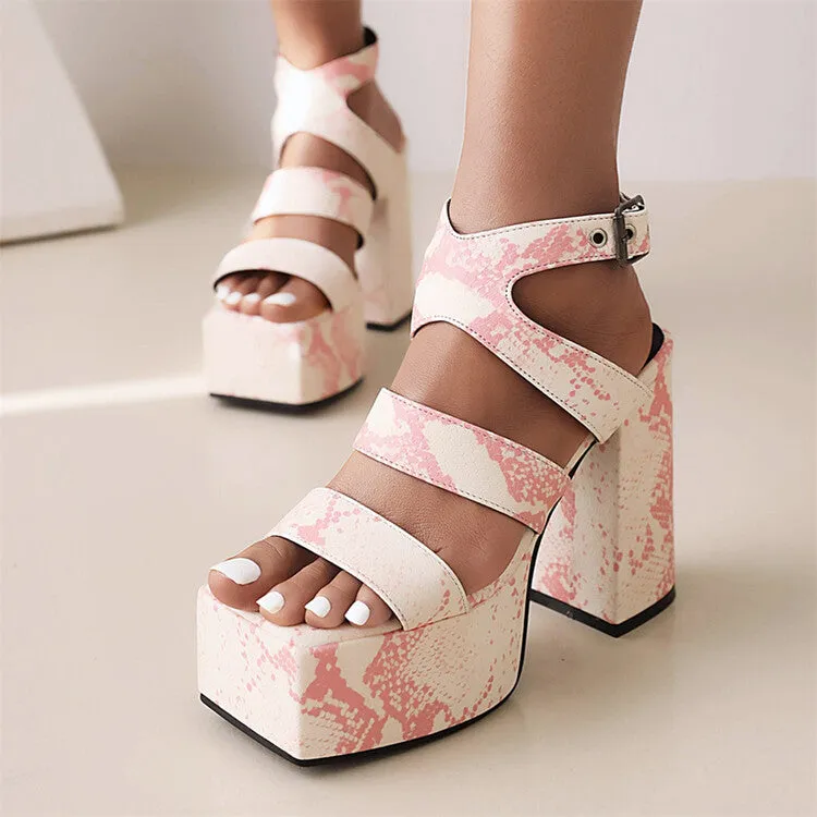 Braided Heel Sandals Women's Solid Color Glossy Square Toe Thick Sole Block Heel Platform Sandals