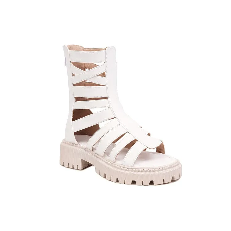 Women's Solid Color Hollow Out Low Block Heels Gladiator Sandals Sonic Sandals